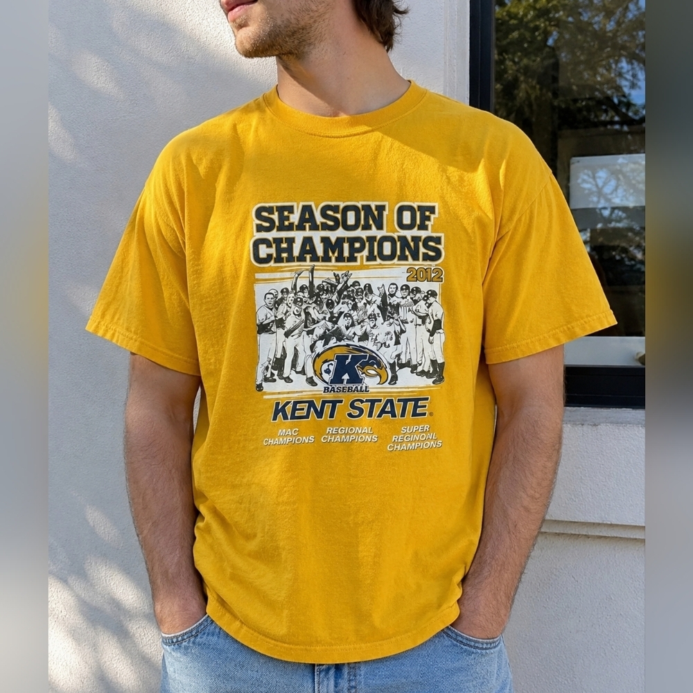 Vintage Fruit of the Loom Kent State Baseball Graphic T-Shirt XL Yellow 2012